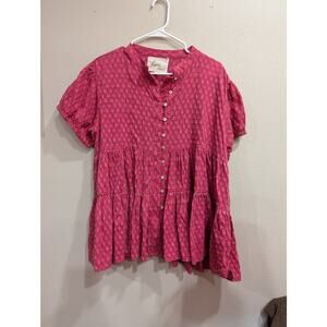 Pretty pink puffed sleeve babydoll top w/feather embroidery, Layerz Clothing, XL